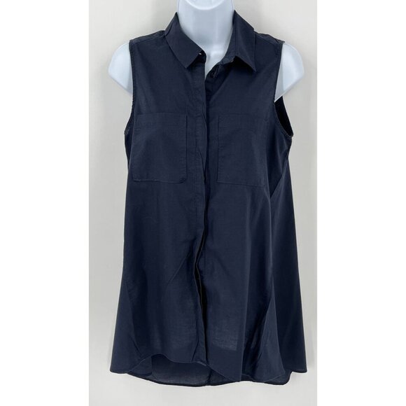 Anthropologie HD In Paris Sleeveless Button Up Shirt  Size 4 Navy Blue High Low - Picture 1 of 15